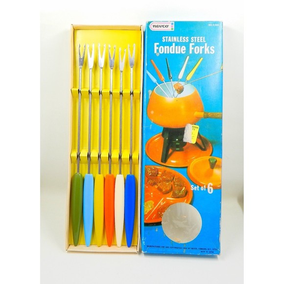 Nevco Stainless Steel Fondue Forks MCM Colored Handles Japan 1968 Set of 6 - Picture 1 of 6